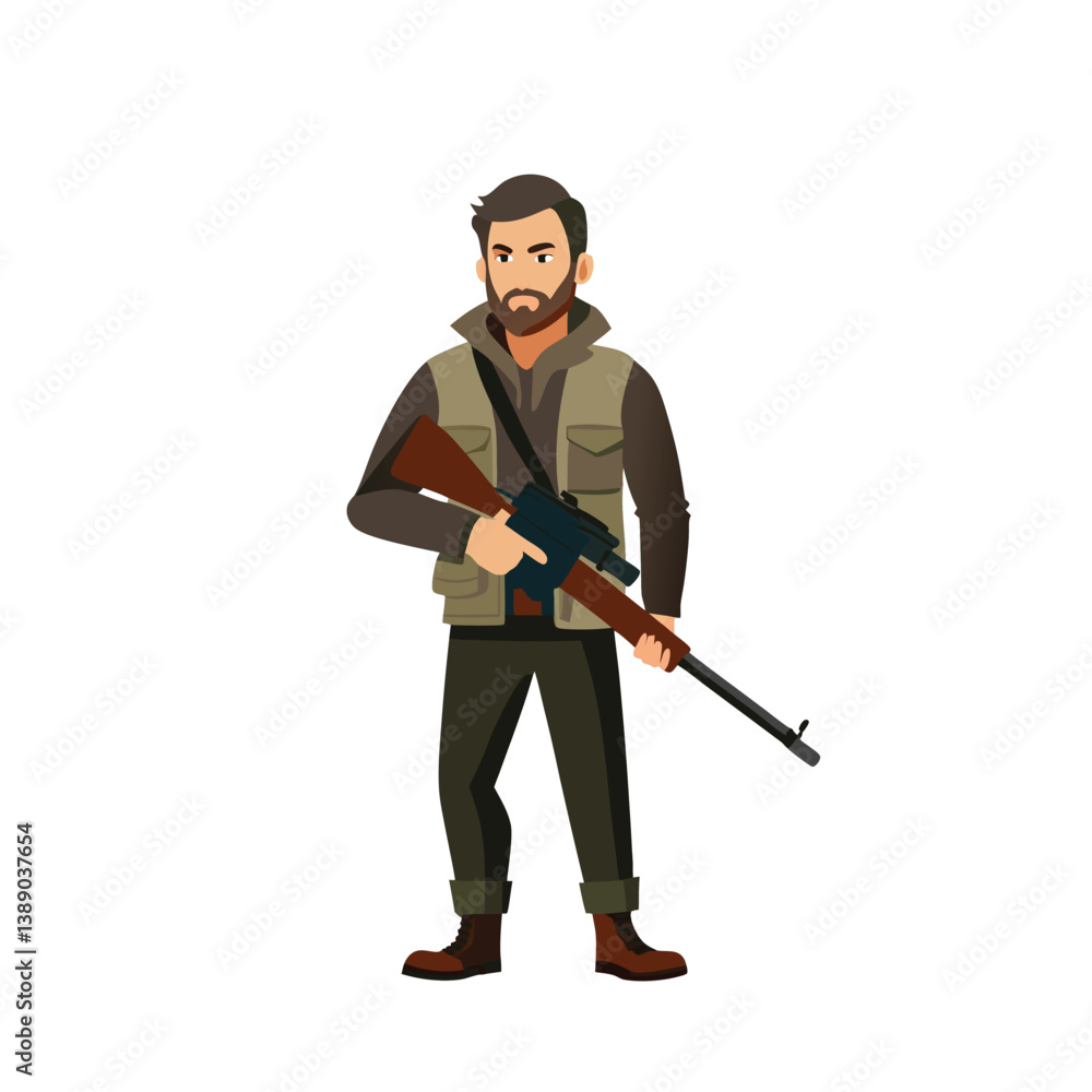 Obraz premium Hunter with rifle and shotgun, like a soldier holding a weapon