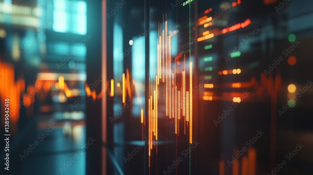Fototapeta premium Financial data visualization displayed on a glass surface with blurred lights