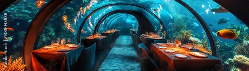 Dine underwater! Luxurious restaurant with stunning ocean views.  Surrounded by vibrant marine life, creating an unforgettable dining experience.