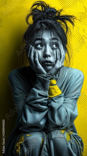 Una joven con expresión de angustia, con las manos en la cara, contra un fondo amarillo vibrante.