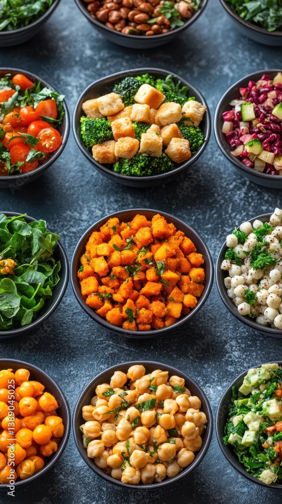 Vibrant array of colorful vegan bowls featuring fresh vegetables grains and legumes on a textured background perfect for healthy eating and lifestyle concepts Vibrant array of colorful vegan bowls featuring fresh vegetables grains and legumes on a textured background perfect for healthy eating and lifestyle concepts