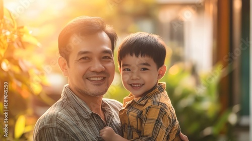 Father and son sharing a warm smile, embodying a strong family bond.
