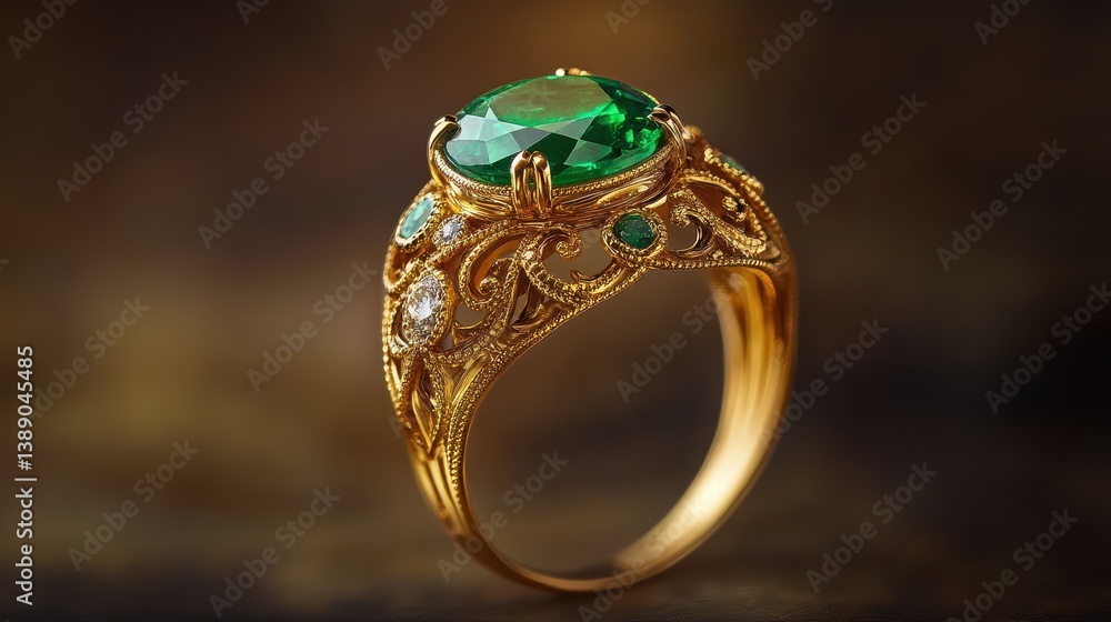 Elegant gold ring with green gemstone and intricate filigree details Elegant gold ring with green gemstone and intricate filigree details
