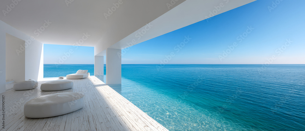 Fototapeta premium Modern seaside lounge with stunning ocean view and tranquil blue waters