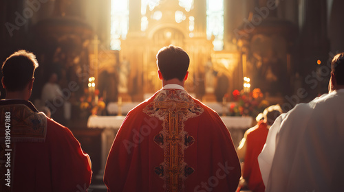 Bishop Leading Catholic Mass in Church Ceremony – Rear View