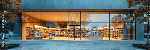 Modern glass bookstore exterior view with large windows displaying books, creating a sleek and inviting atmosphere, featuring the name 