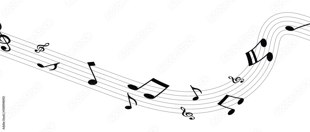 Musical notes wave and stave, treble and bass clef, song or sheet music design, flat vector in eps 10. Musical notes wave and stave, treble and bass clef, song or sheet music design, flat vector in eps 10.
