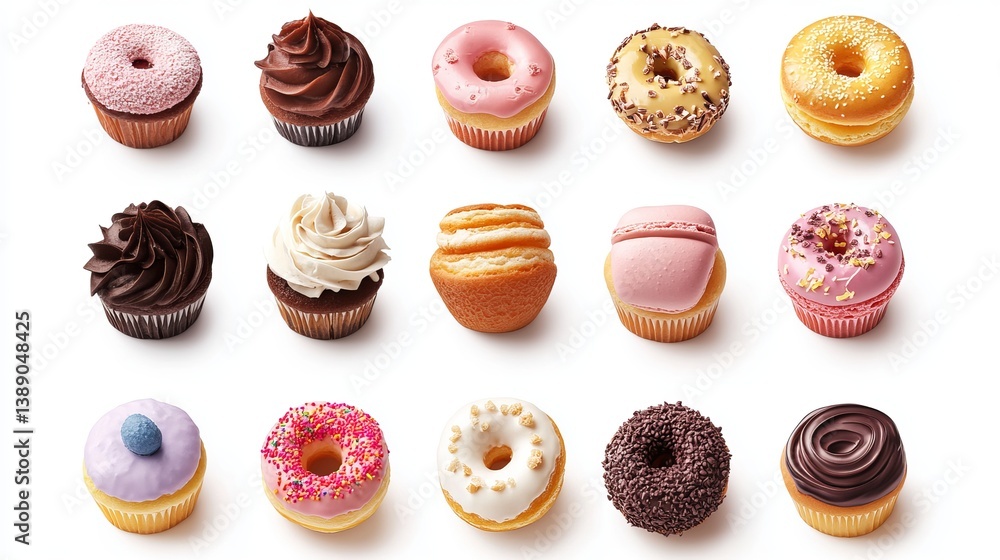 Assortment of cupcakes and donut cupcakes arranged on a white surface in a grid formation Assortment of cupcakes and donut cupcakes arranged on a white surface in a grid formation