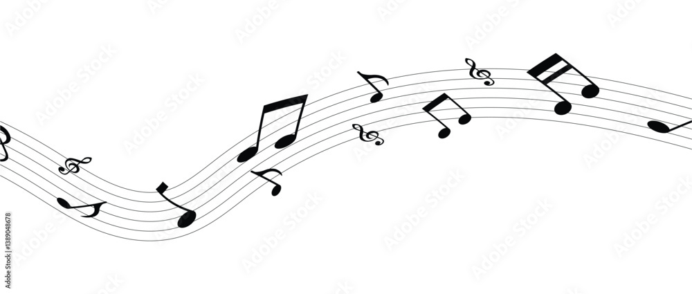 Musical notes wave and stave, treble and bass clef, song or sheet music design, flat vector in eps 10. Musical notes wave and stave, treble and bass clef, song or sheet music design, flat vector in eps 10.