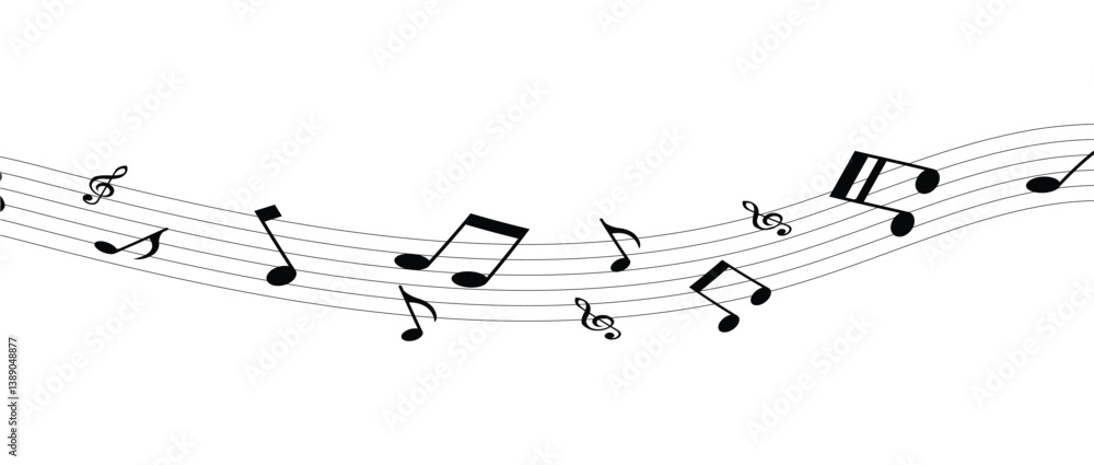 Musical notes wave and stave, treble and bass clef, song or sheet music design, flat vector in eps 10. Musical notes wave and stave, treble and bass clef, song or sheet music design, flat vector in eps 10.