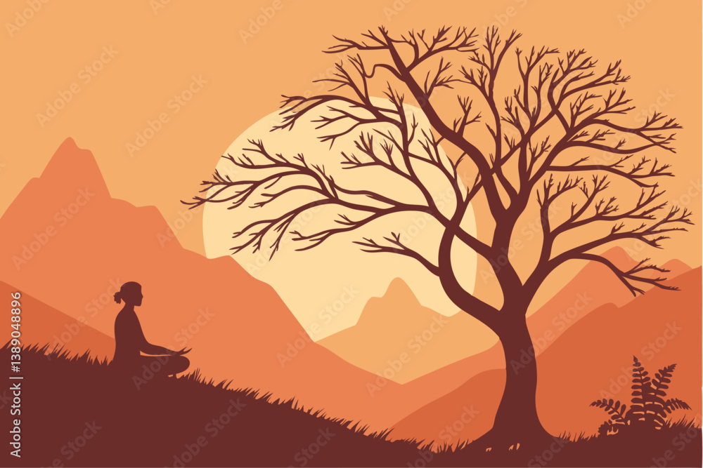 54 Silhouette of person meditating, barren tree, mountains, sunset, orange sky, peaceful landscape, minimalist design, tranquil scene, spiritual atmosphere, warm colors, stark contrast, zen-like compo 54 Silhouette of person meditating, barren tree, mountains, sunset, orange sky, peaceful landscape, minimalist design, tranquil scene, spiritual atmosphere, warm colors, stark contrast, zen-like compo
