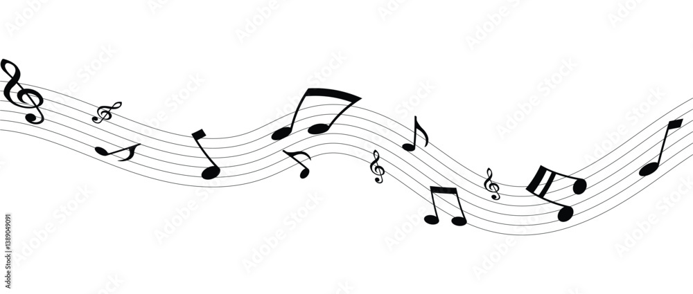 Musical notes wave and stave, treble and bass clef, song or sheet music design, flat vector in eps 10. Musical notes wave and stave, treble and bass clef, song or sheet music design, flat vector in eps 10.