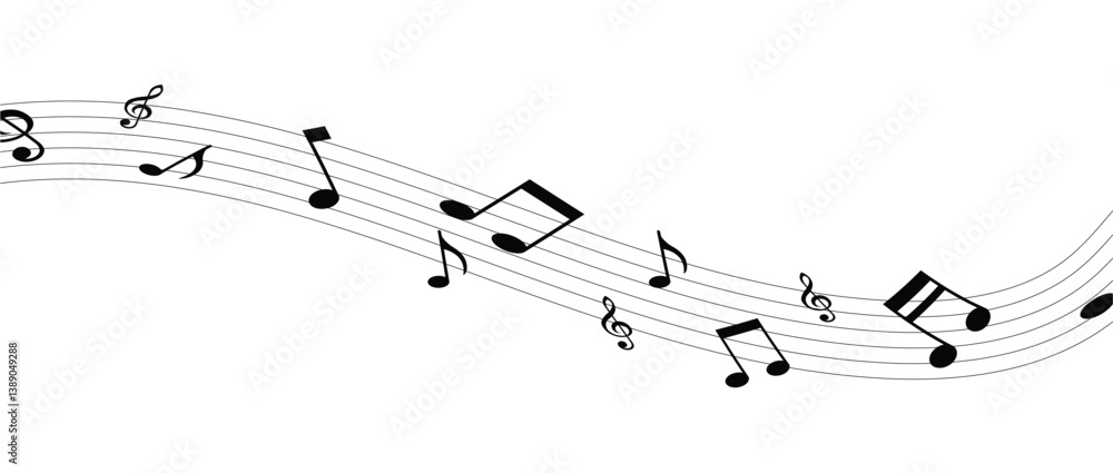 Musical notes wave and stave, treble and bass clef, song or sheet music design, flat vector in eps 10. Musical notes wave and stave, treble and bass clef, song or sheet music design, flat vector in eps 10.