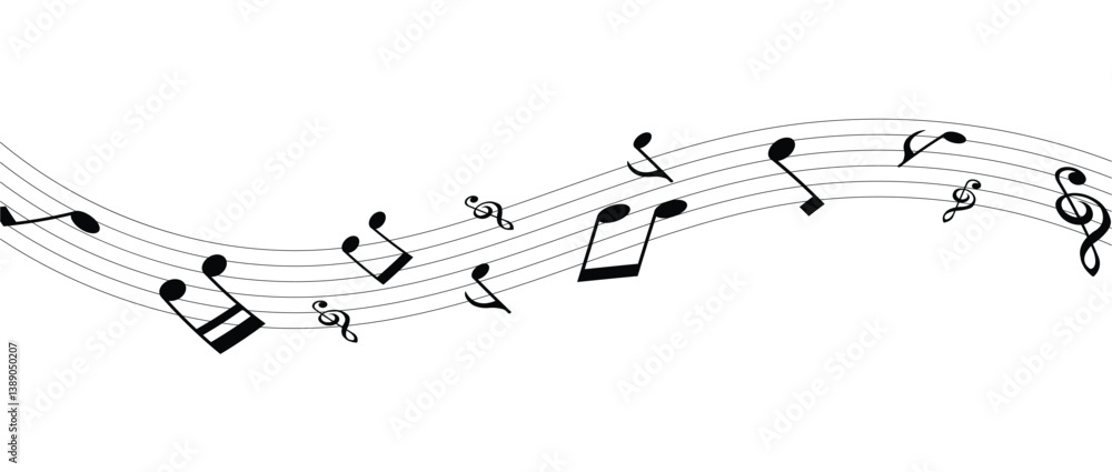 Musical notes wave and stave, treble and bass clef, song or sheet music design, flat vector in eps 10. Musical notes wave and stave, treble and bass clef, song or sheet music design, flat vector in eps 10.