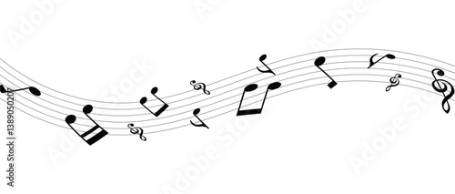 Musical notes wave and stave, treble and bass clef, song or sheet music design, flat vector in eps 10.