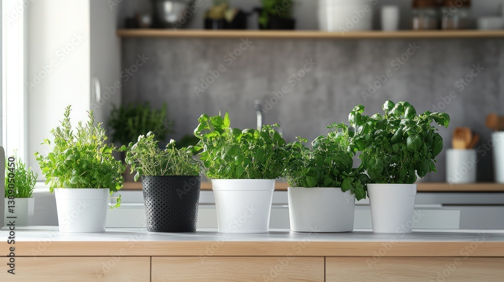Fresh green potted herbs arranged on a kitchen countertop beautifully Fresh green potted herbs arranged on a kitchen countertop beautifully