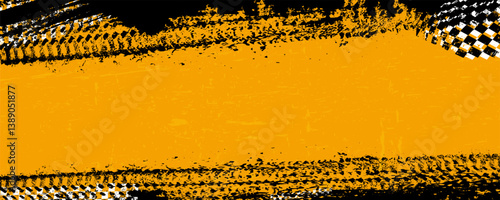 Panoramic banner grungy background with abstract tire tracks and chess flags