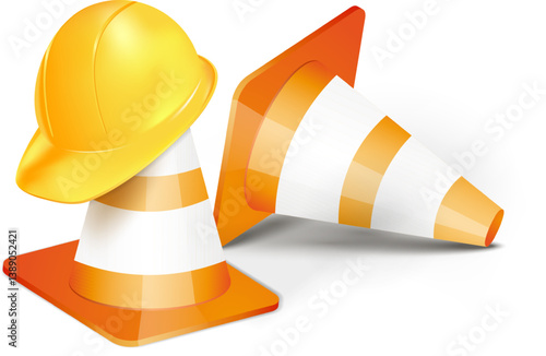 Traffic cones and hard hat, emphasizing safety and alertness in building environments
