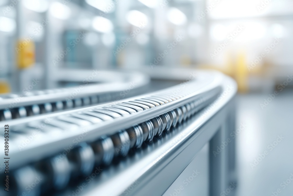 A close-up view of a conveyor system in an industrial setting, showcasing its smooth curves and metallic components in a well-lit environment. A close-up view of a conveyor system in an industrial setting, showcasing its smooth curves and metallic components in a well-lit environment.