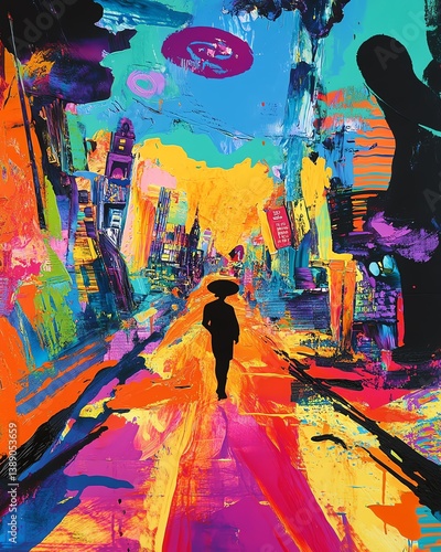 Eye-level perspective of a vibrant pop art scene, depicting climate change through modern literary themes, bold colors and dynamic angles