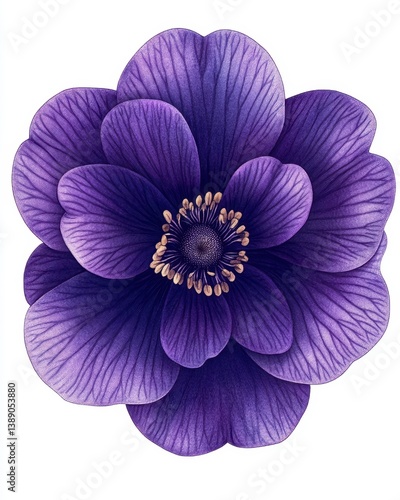 Captivating purple anemone blossom showcasing intricate petal details and delicate stamen on white background botanical elegance