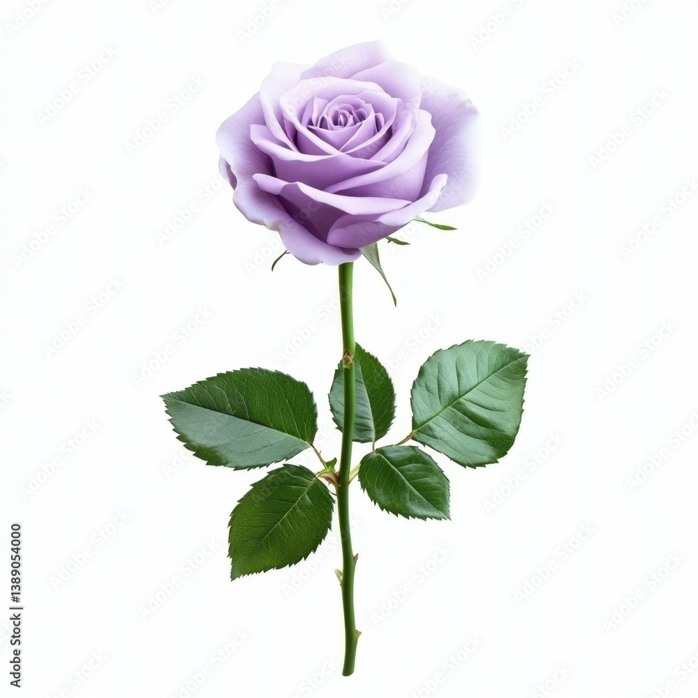Elegant lavender rose blossom with vibrant green leaves against a clean white background floral beauty Elegant lavender rose blossom with vibrant green leaves against a clean white background floral beauty