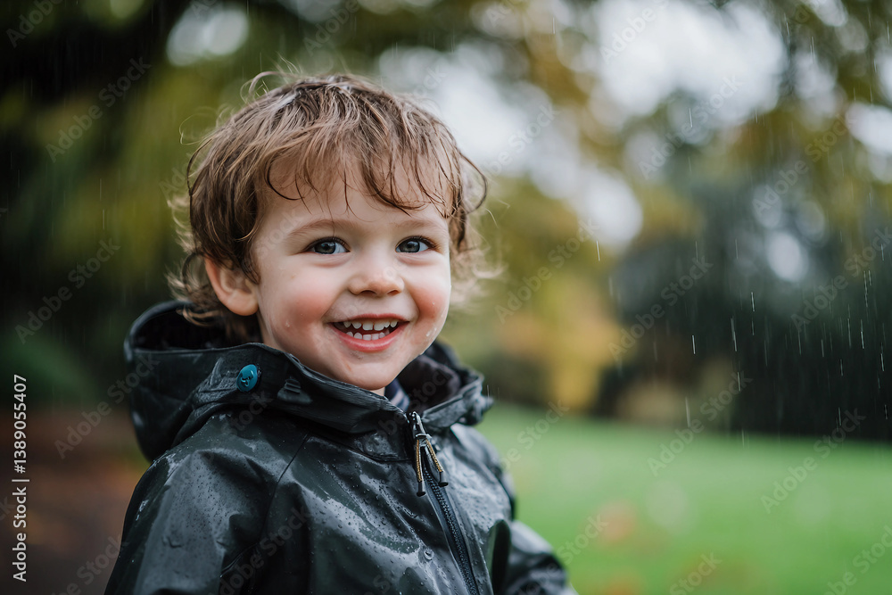 Smiling Child Enjoying Warm Spring Rain Outdoors in Waterproof Jacket, Generative AI Smiling Child Enjoying Warm Spring Rain Outdoors in Waterproof Jacket, Generative AI
