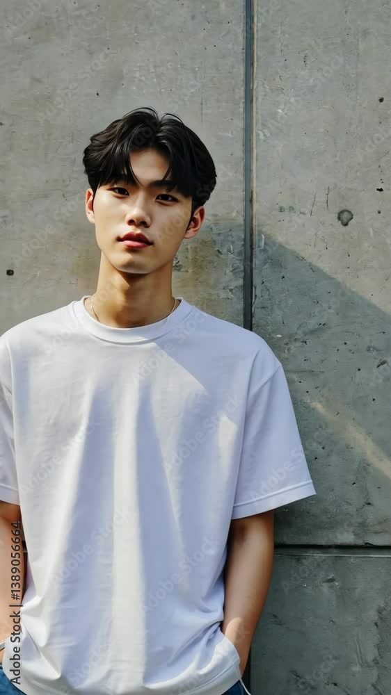 Young man poses casually against textured wall in urban environment during daylight hours Young man poses casually against textured wall in urban environment during daylight hours