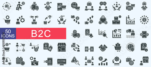B2C icon set collection. Consist of business model, consumer, distributor, transaction, online retail, ecommerce, engagement, communication, online sales, business. Simple vector glyph illustration.