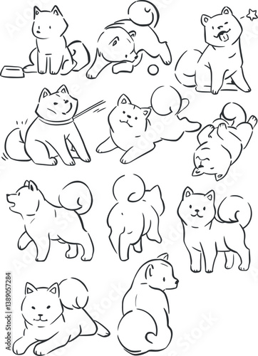 Cute Dogs illustration in doodle style. Outline hand drawn print. Pet, animals 