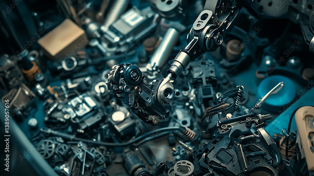 Fototapeta premium A mechanical arm in a precision robotics workshop, surrounded by fine-tuned machines, advanced tools