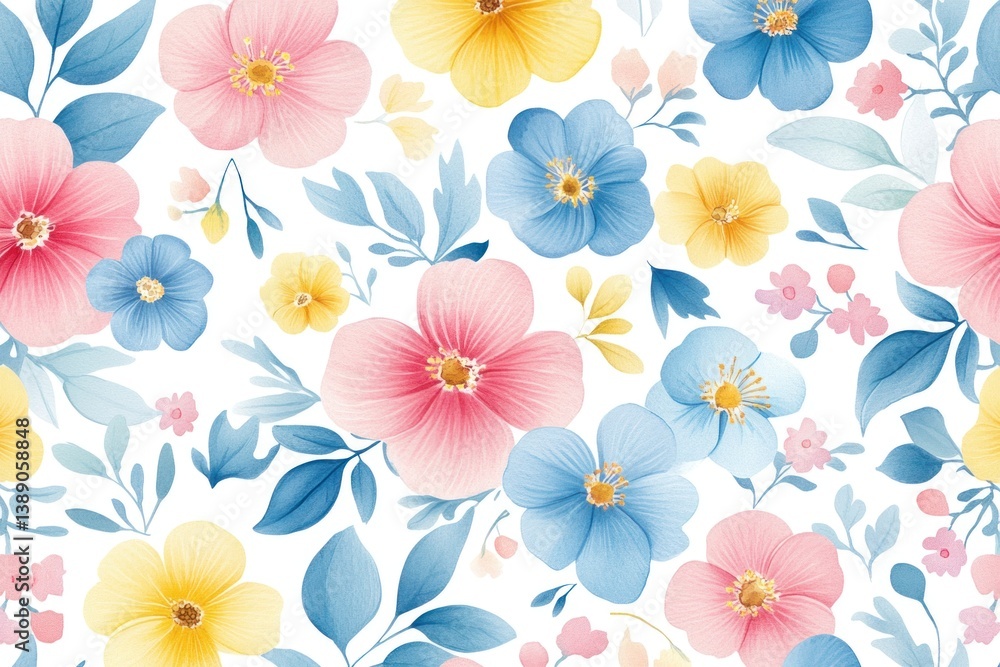 Obraz premium A repeating pattern displays an array of watercolor flowers and leaves