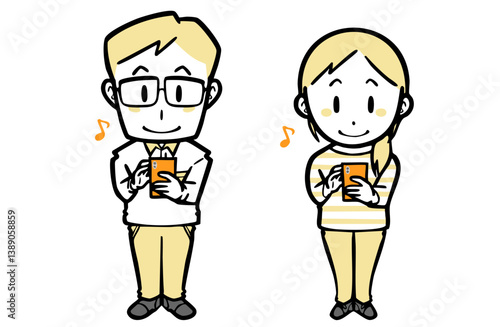 スマホを楽しそうに使っている、普段着の若い夫婦