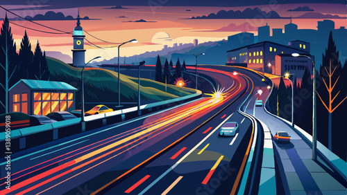 Germany, Baden-Wurttemberg, Stuttgart, Vehicle light trails alongBundesstrasse14 at dusk