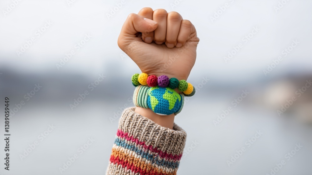 Child's raised fist with earth bracelet symbolizing climate activism