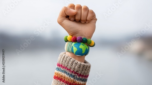 Obraz na płótnie Child's raised fist with earth bracelet symbolizing climate activism w salonie
