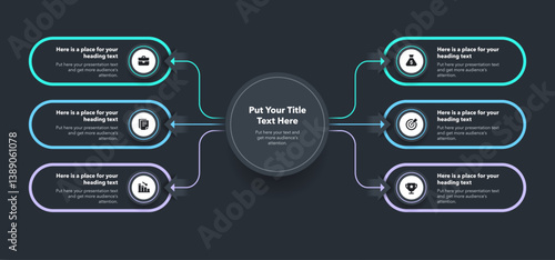 Flowchart infographic with central circle and six options - dark version. Flat chart design with thin lines for website or data presentation.