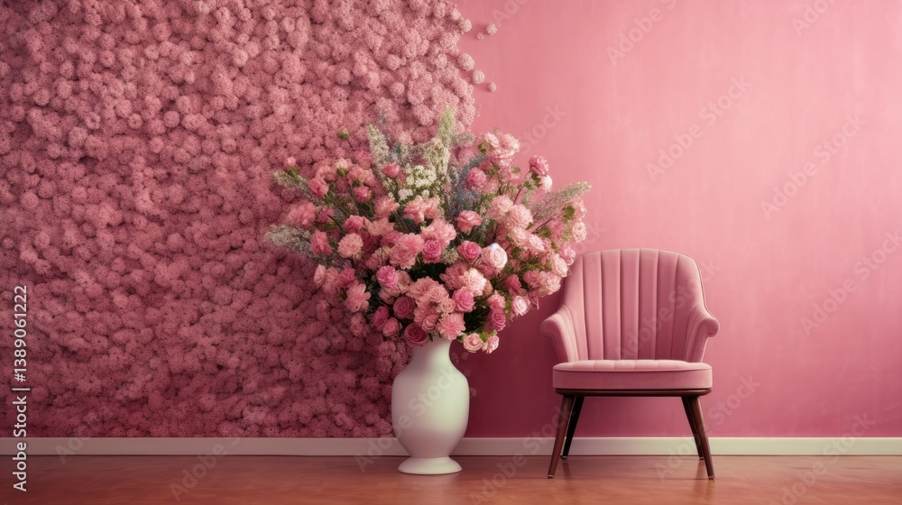 Fototapeta premium Elegant Pink Interior with Floral Arrangement and Chair 