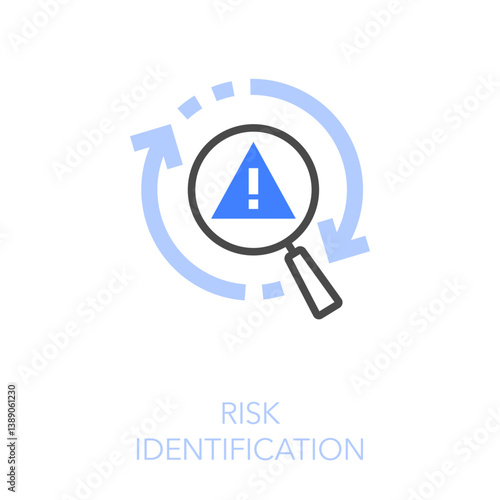 Simple visualised risk identification icon symbol with process arrows and a reviewing magnifying glass with a warning symbol.