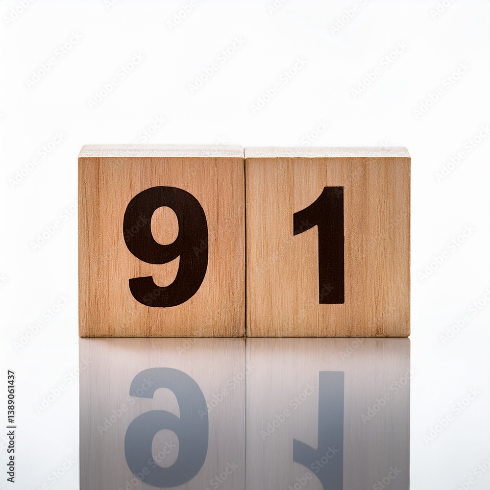 Minimalist photo of a wooden block with the number 91 against a white background Minimalist photo of a wooden block with the number 91 against a white background