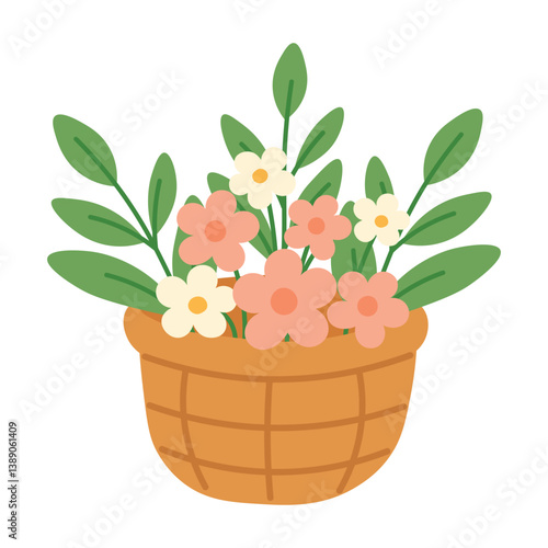 Cartoon basket filled with blooming spring flowers and leaves. Cute flat illustration for seasonal design.