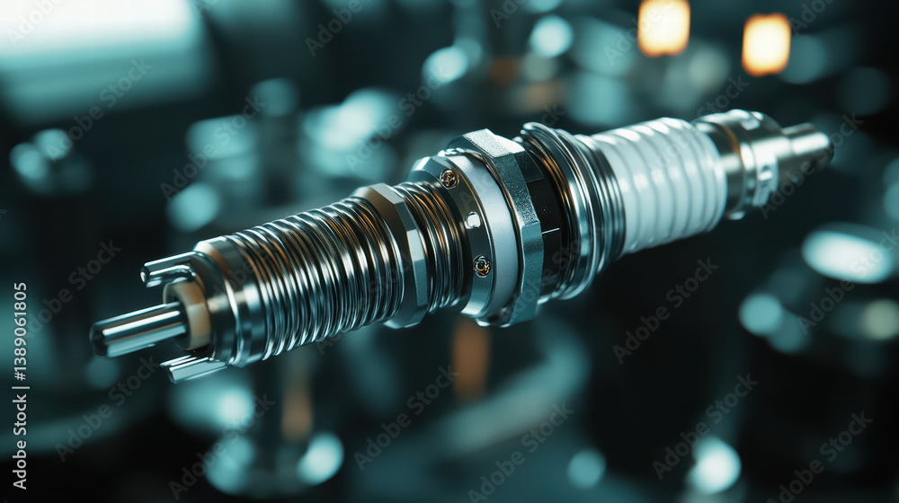 Spark Plug Macro: A detailed close-up of a spark plug showcases its intricate mechanical components, highlighting the precision engineering and metallic textures, giving an insight into automobile Spark Plug Macro: A detailed close-up of a spark plug showcases its intricate mechanical components, highlighting the precision engineering and metallic textures, giving an insight into automobile