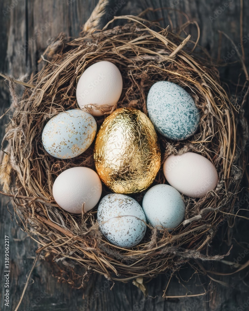 Fototapeta premium The Delightful Nest: A Celebration of Easter with Colorful Eggs and a Golden Prize