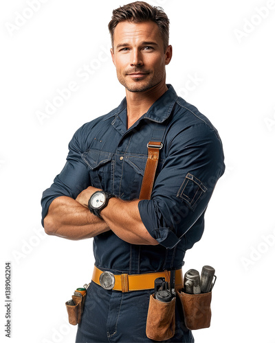 Handsome Carpenter in Navy Blue Work Shirt with Tool Belt, Isolated on Transparent Background