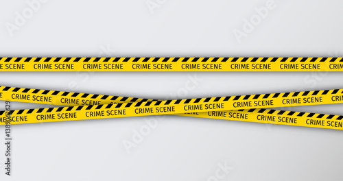 Crime scene tape on white background. Police yellow striped ribbon. Warning tapes lines for restriction of crime places. Seamless barrier borders for criminal accident zones. Vector illustration.