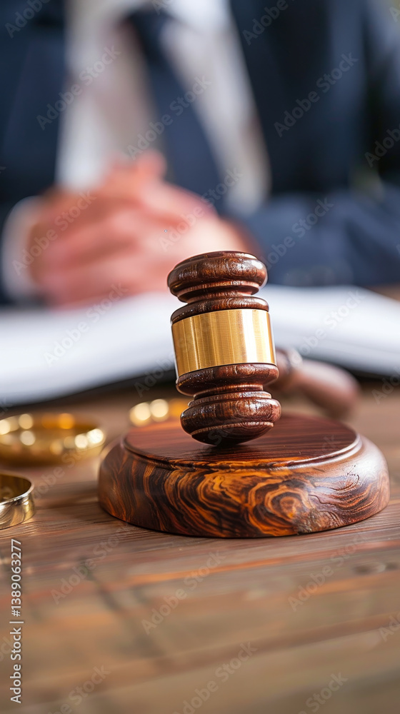 Divorce Court Judge Gavel and Wedding Rings on Wooden Desk in Legal Office, Concept of Marriage Dissolution and Legal Decision