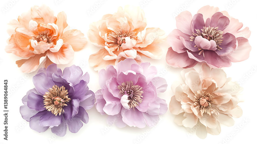 Delicate floral arrangement with peach, pink, and purple blossoms evokes sense of soft beauty and gentle serenity, perfect for decorative designs