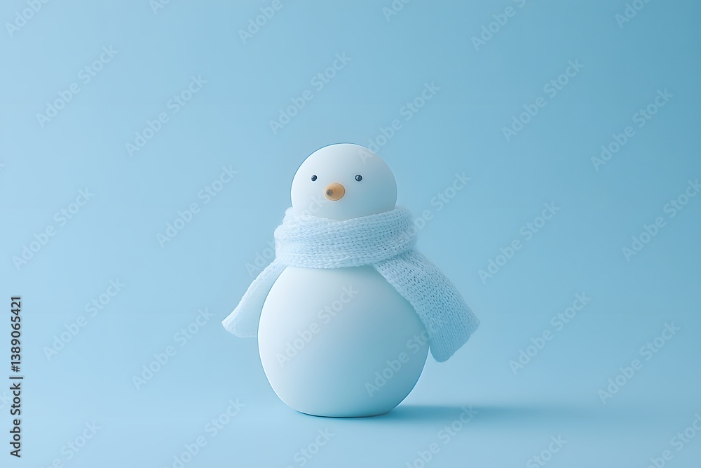 Small white snowman figure with scarf on light blue background studio shot.