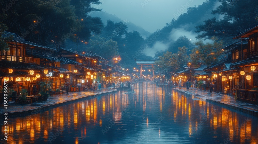 Fototapeta premium Japan Night Canal Town Lights.