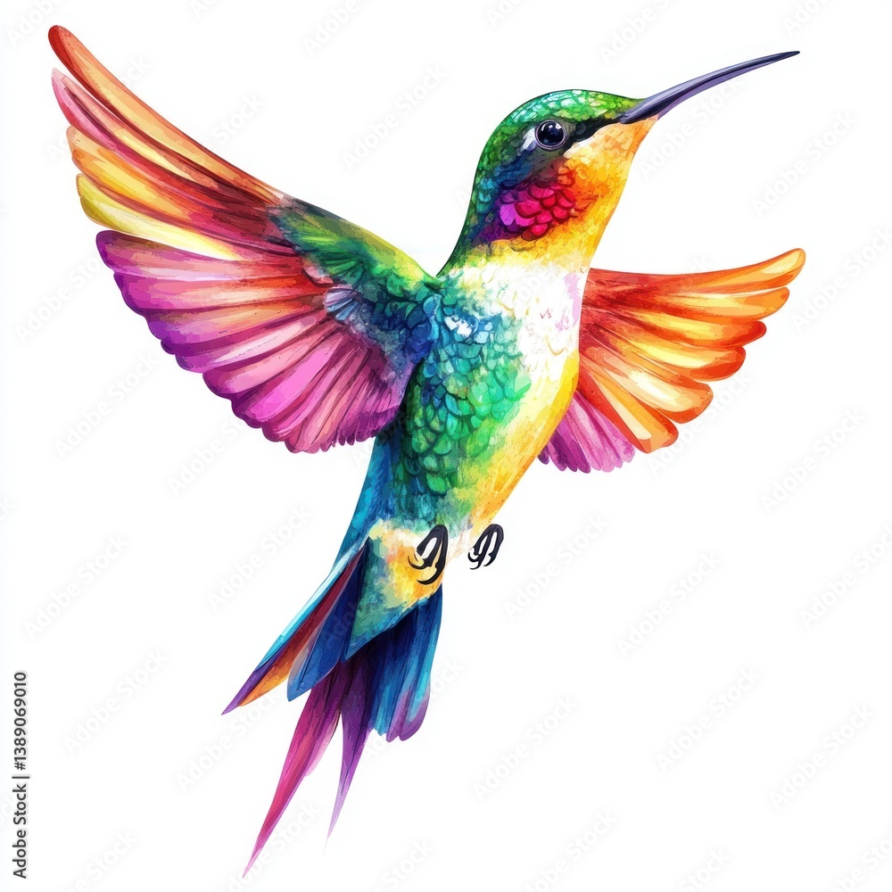 Fototapeta premium A colorful watercolor painting depicts a hummingbird in mid flight